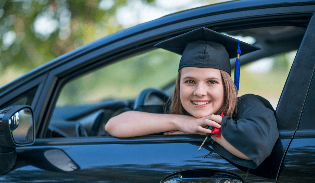 Graduate in a new car